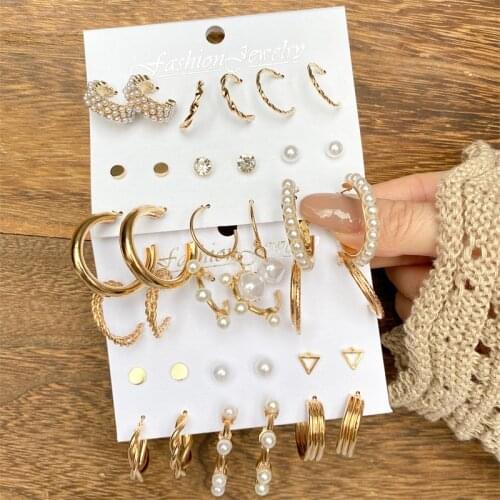 EN New Boho Fashion Pearl Hoop Earrings Set For Women Geometirc Gold Metal Circle Hoop Earrings Brincos 2021 Trend Jewelry Gifts