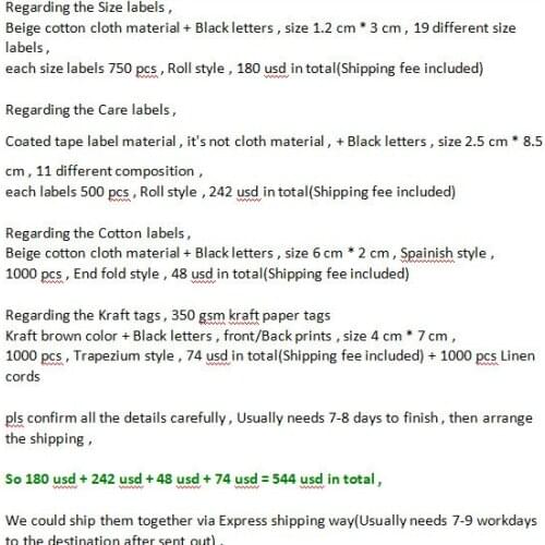 Cotton size labels + Cotton labels + Coated tape care labels + kraft tags/linen cords