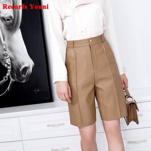 Top European Womens Genuine Leather Short Pants Female Simple Handsome Straight Line Suit Trousers Slim Khaki Midi Shorts