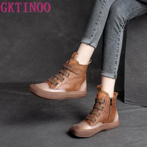 GKTINOO 2021 Winter Genuine Leather Ankle Boots Handmade Lady Soft Flat Shoes Comfortable Casual Moccasins Side Zip Ankle Boots