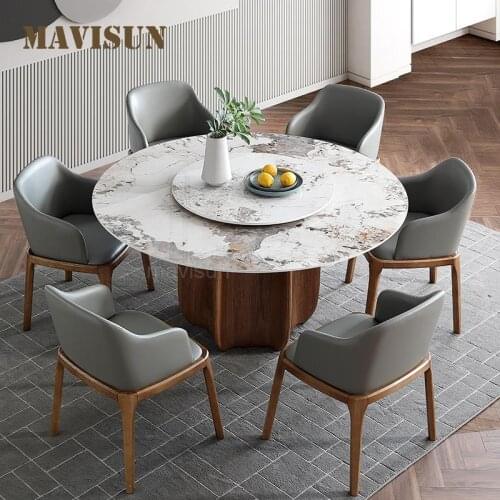 Italian Imported Glossy Rock Slab Round Dining Table And Chair Set Modern Simple Rotating Solid Wood Turntable Dining Table