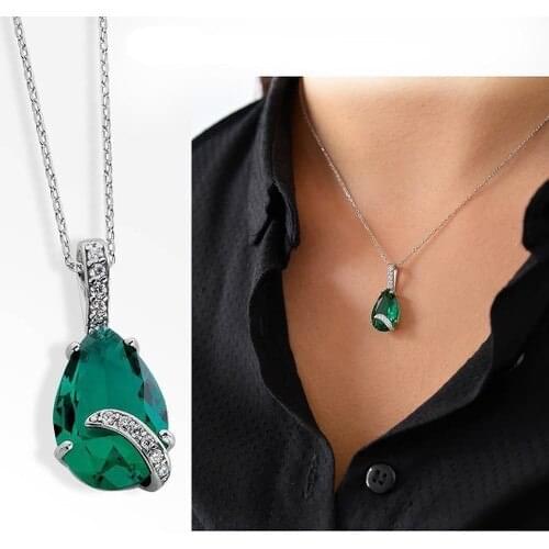MaGümüş Emerald green Drop Zircon Bud Diamond Pattern Silver Necklace