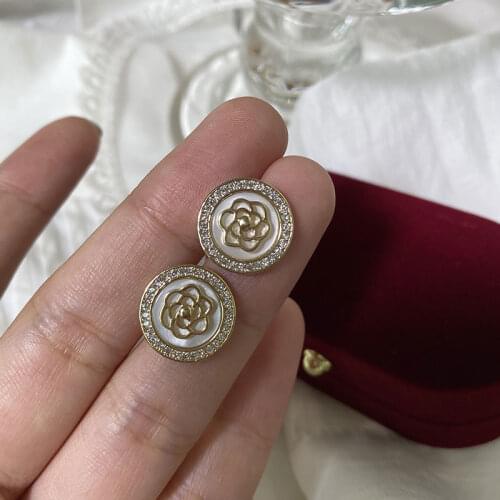 Famous brand design Camellia Earring Round Rhinestone Rose Flowers Earrings For Woman