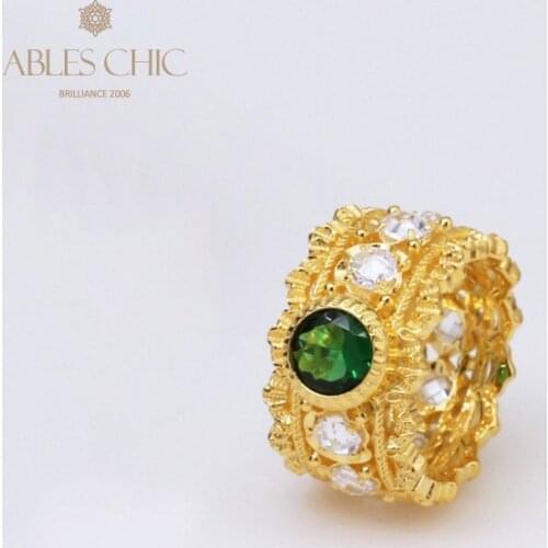Sterling Silver 18K Gold Tone Renaissance Round Emerald Rings Zircon Floral Filigree Wedding Band Premium Classic Fine Jewelry