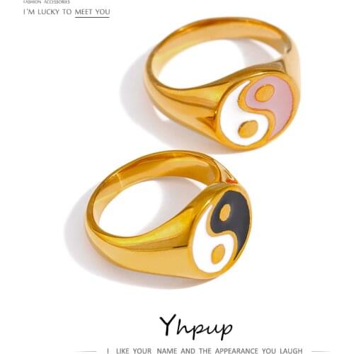 Yhpup Stainless Steel Yin Yang Ring Statement Metal Enamel Religious Ring for Women 18 K PVD Plated Jewelry кольцо женское Gift
