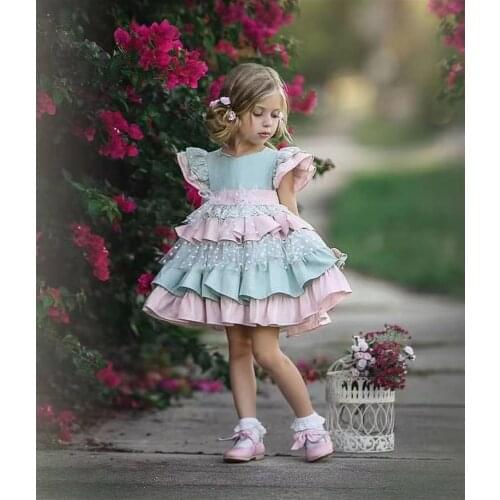 0-12Y Baby Girl Summer Green Pink Vintage Spanish Ball Gown Lolita Princess Lace Dress for Holiday Casual