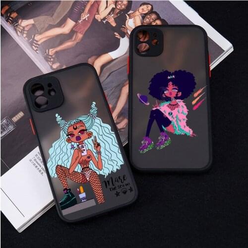 Fashion Black Girl Phone Case For iPhone 12 11 Pro Max X XS XR SE20 6 7 8Plus Cartoon Pattern Hard Matte Cover Shockproof Shell