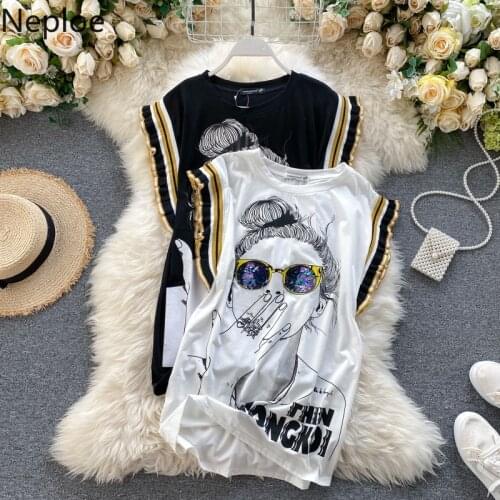 Neploe Sequined Character Print T Shirts Women Ins Fashion O Neck Sleeveless Female Tops Summer 2021 Loose Casual Ladies Tees