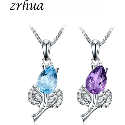 ZRHUA 925 Sterling Silver Necklace Flower Jewelry Tear Blue Purple Crystal Blossom Pendant For Women Gift 45cm Box Chain choker
