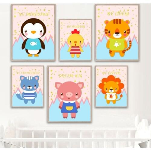 Penguin Duck Tiger Fox Squirrel Pig Lion Bear Wall Art Canvas Painting Nordic Posters And Prints Wall Pictures Kids Room Decor