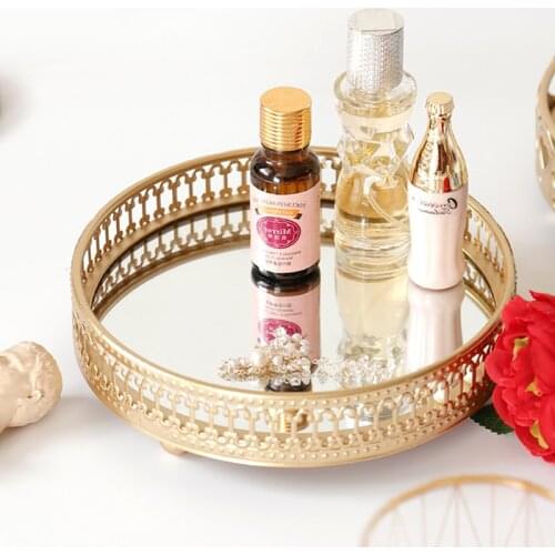 Golden Color Delicate Jewelry Storage Tray Glass Mirror Base Bedroom Desktop Cosmetic Decorative Organize Plate