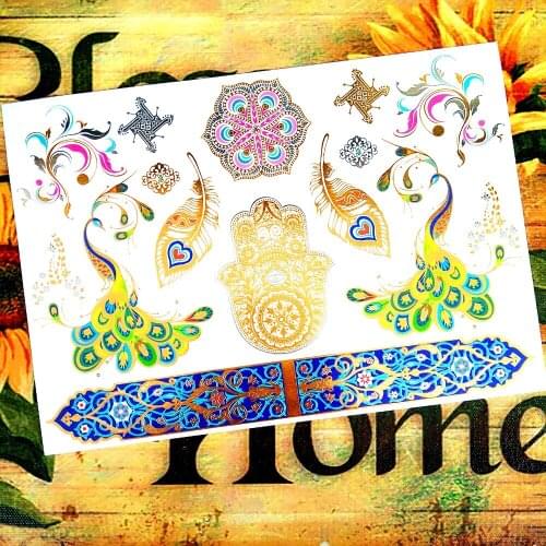SHNAPIGN 2016 new golden Peacock feathers Temporary Tattoo Body Art Flash Tattoo Sticker 21*15cm Waterproof Henna Fake Selfie