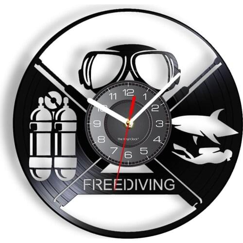 Freediving Under The Sea Inspired VInyl LP Wall Clock Oxygen Cylinder Goggles Ocean Shark Animal Luminous Wall Watch Divers Gift