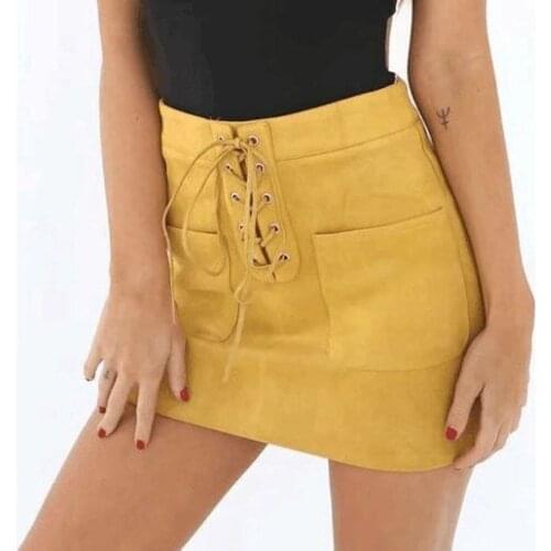 Sexy Leather Suede Pencil Skirt Women High Waist Lace Up Package Hip Cross Mini Skirts Womens Zipper Split Bodycon Short Skirts