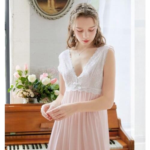 Women Female Cotton Pink Blue White Sexy Sleepwear Night Dress Lace Homewear Nightwear Long Nightgown Luxury Gown