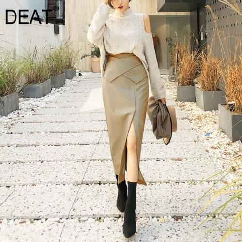DEAT 2021 New Autumn Fashion PU Leather Skirt Women Pick Hip High Waist Elegant Office Lady Split Mid Slim Fit Cross AP449