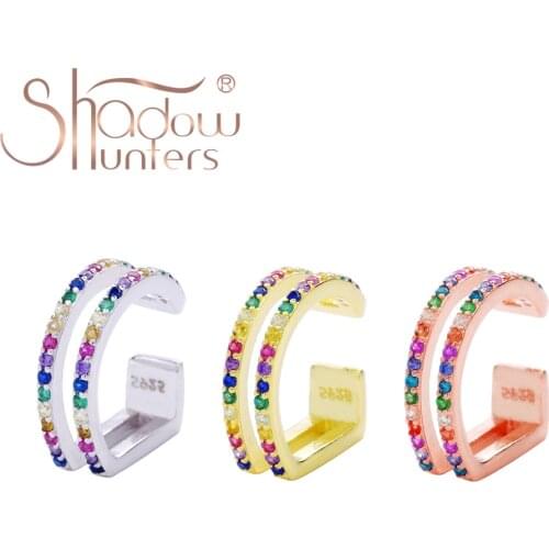 SHADOWHUNTERS Real 925 Sterling Silver Two Rows Rainbow Crystal Ear Cuff Women Trendy Earrings Clip On Ear Femme Luxury Jewelry