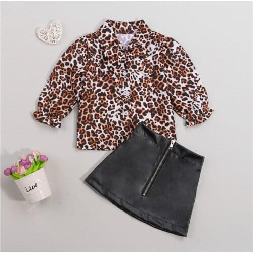 1-5 Years Girl Leopard Outfits Fashion Leopard T-Shirt And Leather Short Skirt Outfits For Girls Casual 2pcs Spring Autumn Set