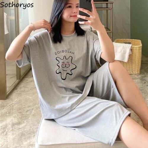Women Pajama Sets Short Sleeve Print Simple Fashion Oversize Casual Lounge Wear Female Cozy O-neck Elegant Loose Soft Sleepwear