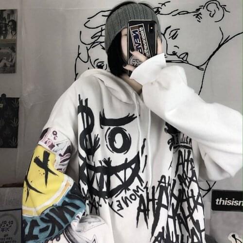 Gothic Streetwear Hoodies Women Hip Hop Cartoon Print Hooded Oversize Sweatshirt Funny Punk Autumn Plus Fleece Female Hoodie Top