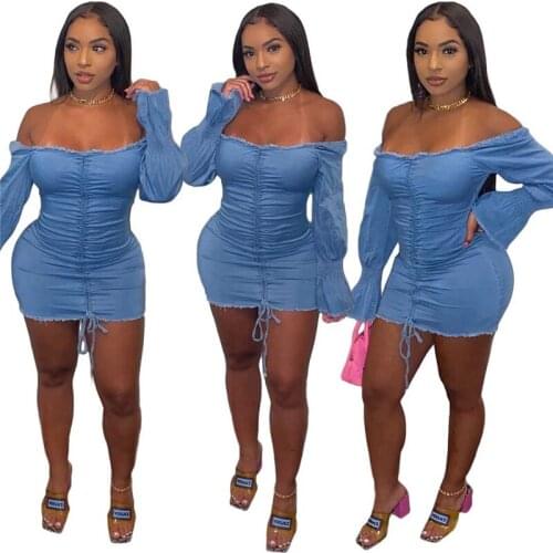 Women Denim Dress Draped Sexy Skinny Bandage Long Sleeve Off Shoulder Party Mini Dresses Blue Vestidos Wholesale Dropshpping New
