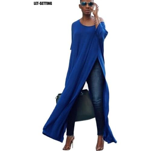 Sexy round neck loose connection high slit long sleeve dress elegant lady dress casual female dress Plus-sized dress