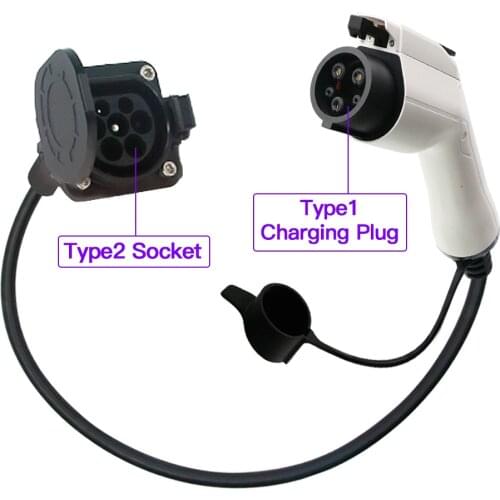 32A EV Adapter Type 1 EV Plug to Type 2 EV Socket 220V Type 1 SAE J1772 to Type 2 IEC 62196-2 Adapter 1m Cable or Customized