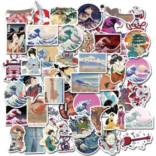 50PCS Vintage Sea Wave Doodle Sticker Japanese Style Ukiyo-e Art Kids For Stationery Laptop Guitar Decals Graffiti Sticker F3