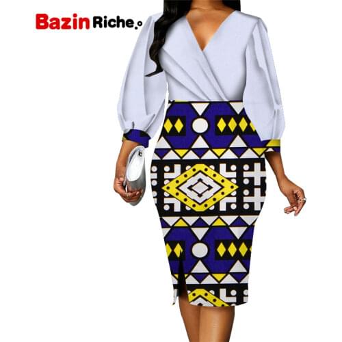 African Print Dresses Plus Size Clothing for Women Elegant Work Wear Slim Fit Mini Formal Dress V-Neck Knee Bodycon Dress WY788
