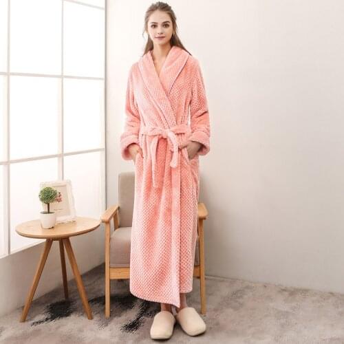 Flannel Womens Bathrobe Autumn Winter Long Sleeve V Neck Ladies Robes with Sashes Terry Warm Solid Sleepwear for Female Soft