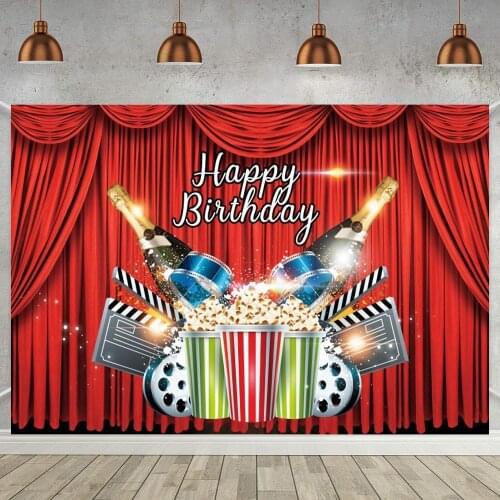 Popcorn Champagnes Movie Theme Party Backdrop Photography Red Curtain Stage Show Customize Kids Birthday Photo Background Poster