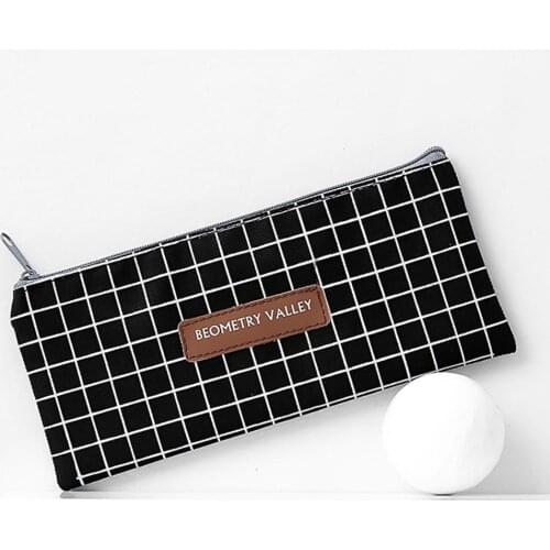 Plaid Dot Pattern Zipper Pen Bag Holder Pencil Case Stationery Storage Pouch