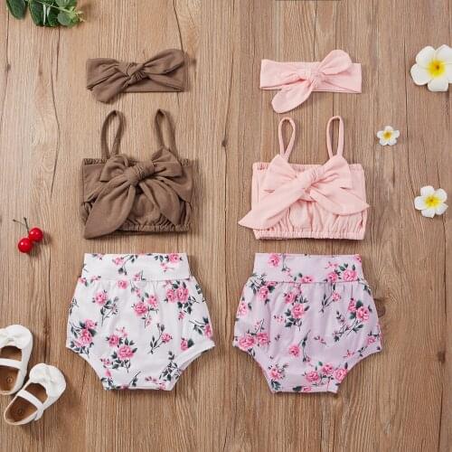 3 Pcs Newborn Summer Outfits Baby Girls Solid Color Spaghetti Strap Boat Neck Camisole with Bowknot + Floral Shorts + Headband