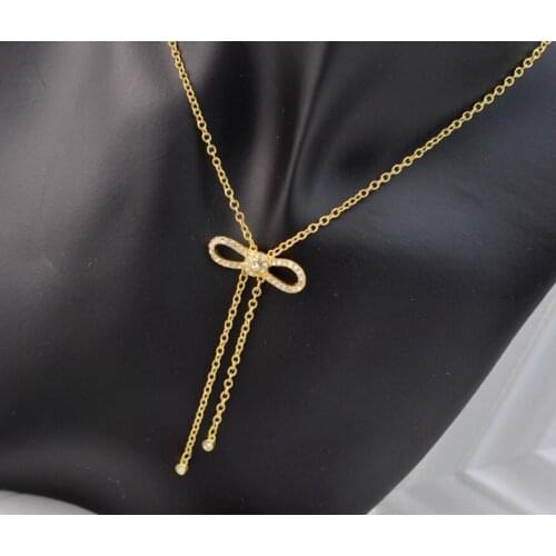 CSXjd High Quality copper Bowknot full crystal inlaid double pendant tassel simple short necklace