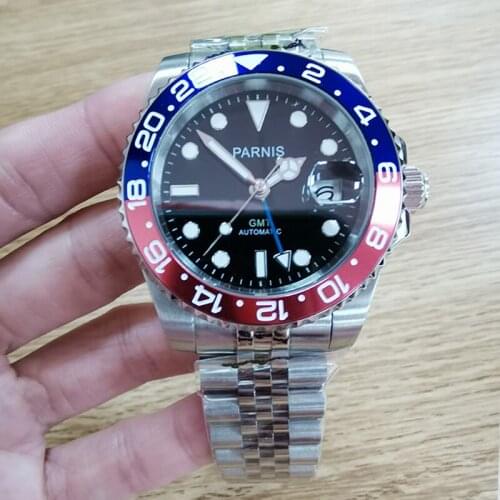 Parnis 40mm Red Blue Bezel Mechanical Automatic Men Watches Blue GMT Sapphire Crystal Jubilee Strap Mens Watch with box gift
