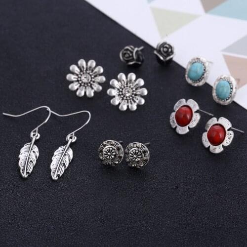 6parls Wholesale Tibetan Silver Punk Earrings Set Brincos Stud Earrings For Women Flower Red Blue Stone Earrings Jewelry