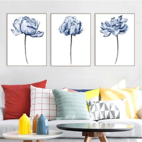 Wall Art Canvas Painting Watercolor Flowers Print Poster Kitchen Wall Decor Blue Peony Bedroom Pictures Living Room Decoration