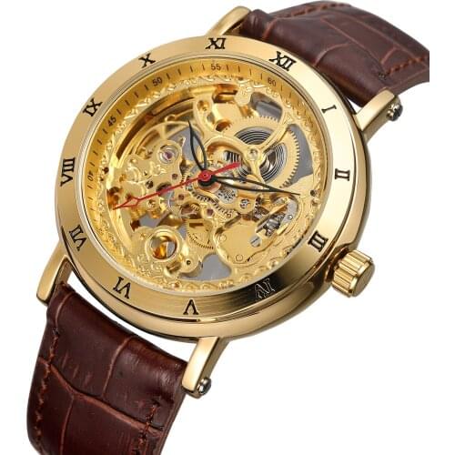 New FORSINING Mechanical Watch Men Roman Design Top Brand Luxury Golden Stainless Steel Strap Skeleton Man Auto Wrist Watch