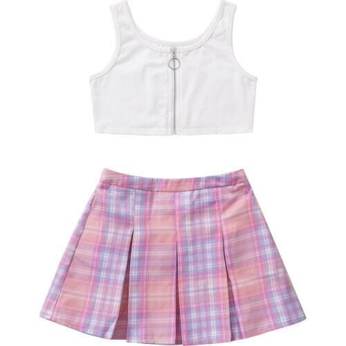 Hip Hop Girls Clothing Jazz Costumes Kids Zipper Vest Crop Top + Plaid Pleated Skirt Outfits Summer Children Clothes Girls Set