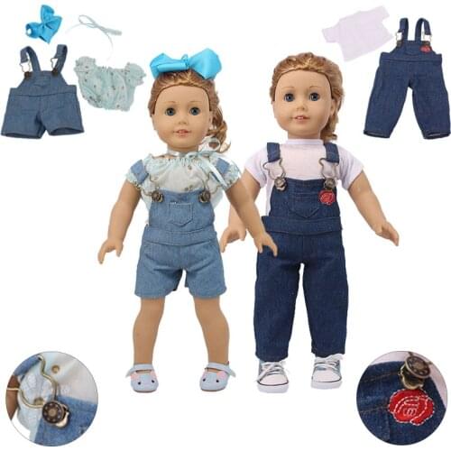 Doll Clothes 3Pcs Jeans Suspenders Adjustable Straps&T-shirt For 18 Inch American&43 Cm Baby New Born Doll Generation Girl`s Toy