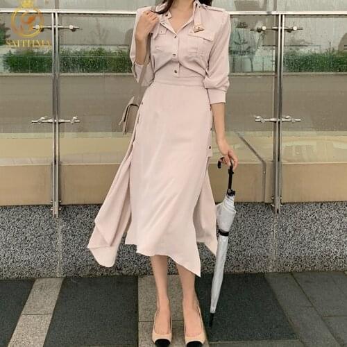 Korea Chic Elegant Mature Solid Spring Dress Slim High Waist Mid-Length Stand Collar Dress Women Office Lady Vestido Mujer