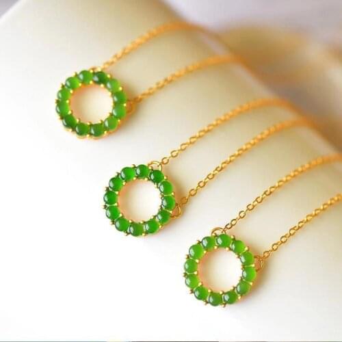 Donut Natural Sun Green Jasper Ring Pendant Sterling Silver Gold Plated Peace Buckle Necklace Fashion Simple Women