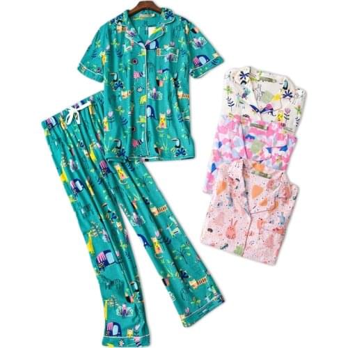 Cute Pure cotton pajama sets women short sleeve trousers Plus size sexy knitted cotton simple pyjamas women sleepwear