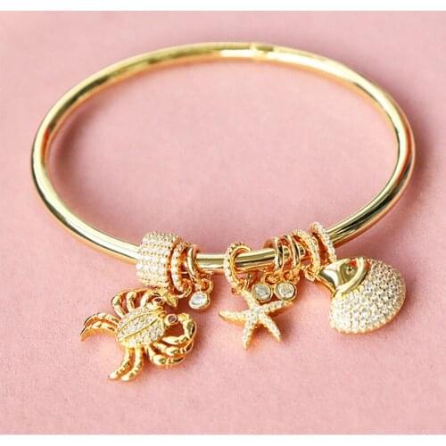 SOELLE 925 Sterling Silver Gold Color Sea Creatures Bangle with Crab Shell Star Micro Cubic Zirconia for Women Bracelet Jewelry