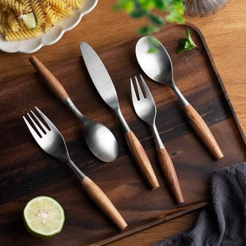 Wooden Handle Dinner Fork Dessert Spoon Knife Coffee Teaspoon Fruit Forks Stainless Steel Cutlery Kitchen Restaurant Tableware