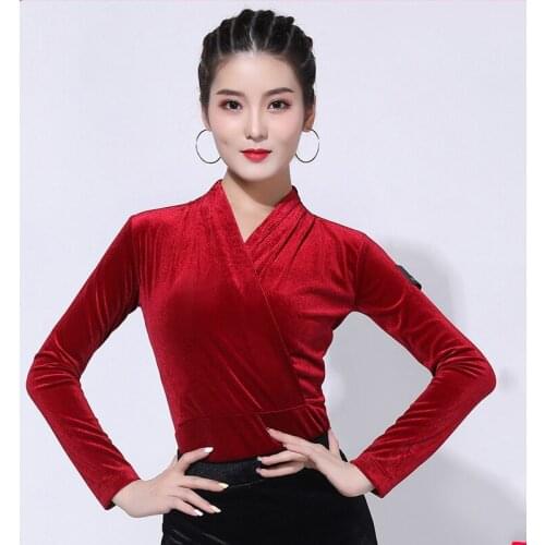 Velvet Latin Dance Clothes WomenS Dance Tops New Red Long Sleeve Shirt Ballroom Professional Dance Costume Competition Outfit