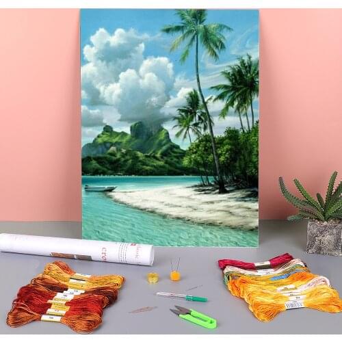 Landscape Sunset Printed Fabric 11CT Cross-Stitch Set Embroidery DMC Threads Handicraft Handiwork Handmade Painting Decor