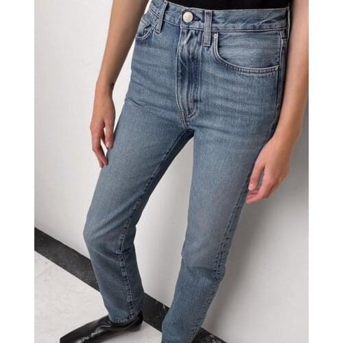 Women Jeans Pants New Retro Washed Mid-high Waist Straight-leg Slim Jeans Women