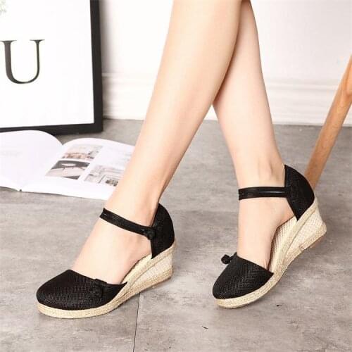 YourSeason Retro Ladies Casual Linen Canvas Wedge Shoes Summer Ankle Strap 6cm Med Heel Platform Pump Sandals Espadrilles