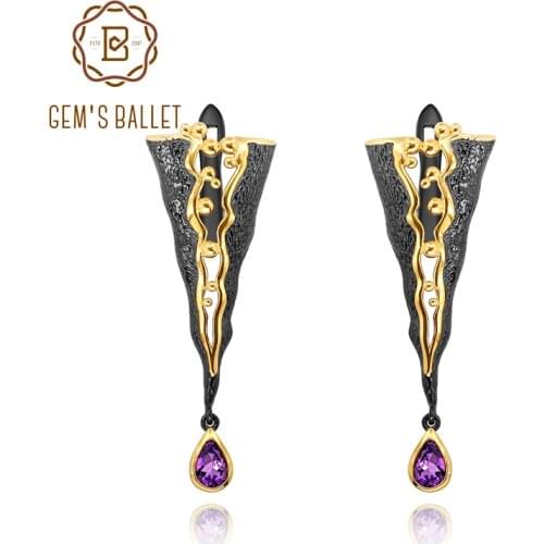 GEMS BALLET 925 Sterling Silver Handmade Golden Bead Honey Raindrop Triangle Natural Amethyst woman’s statement Earrings Jewelr